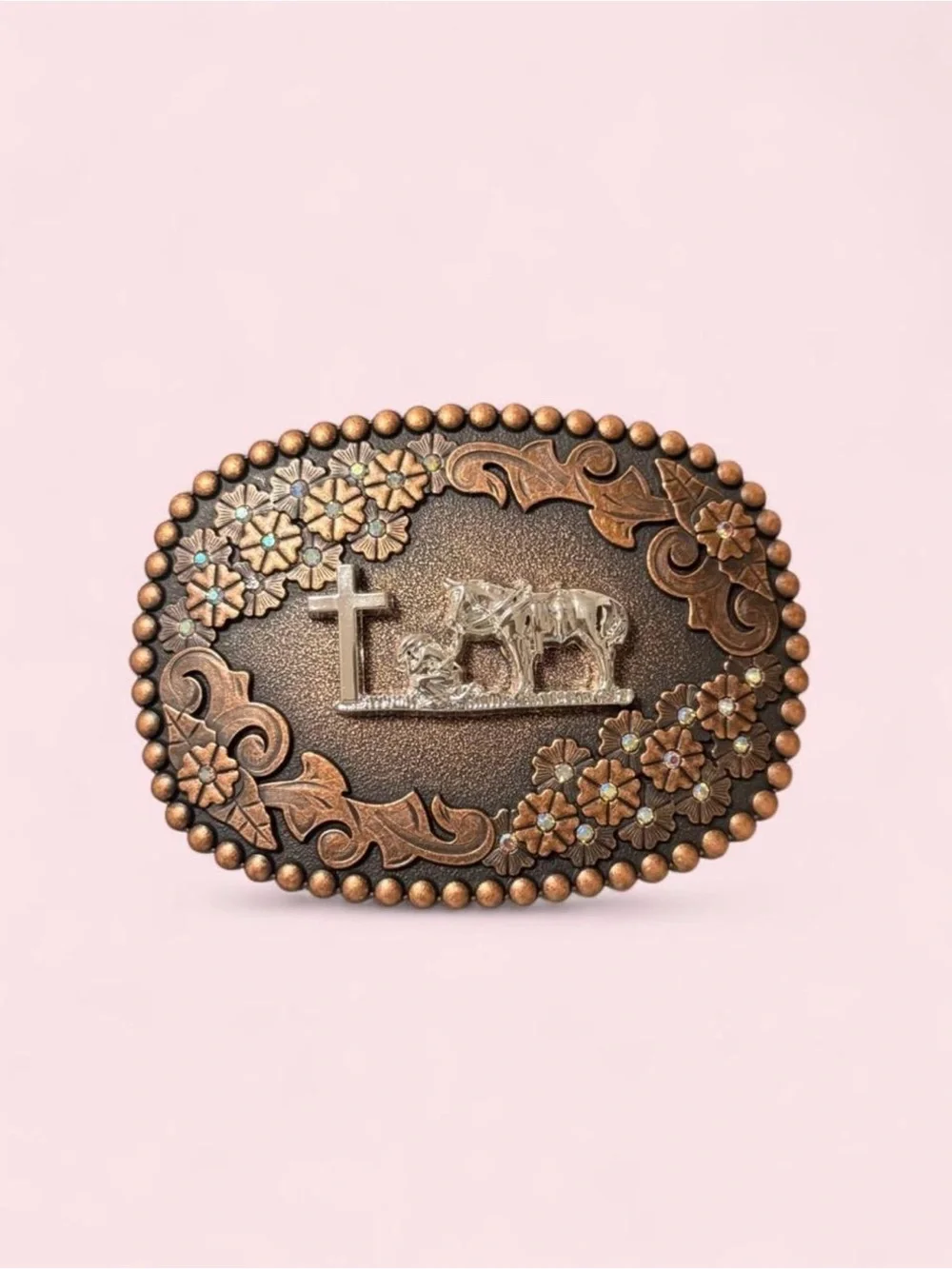 Vintage-Inspired Oval Floral Cross & Horse Belt Buckle - Copper Tone